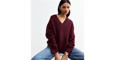 Burgundy Wide V Neck Knit Jumper | New Look