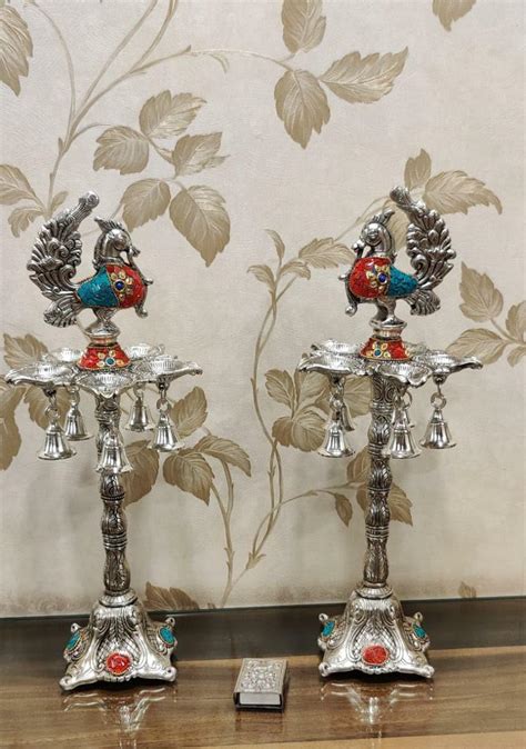 Buy German Silver Peacock Samai Pair / Diya Stand Pair for Decoration ...