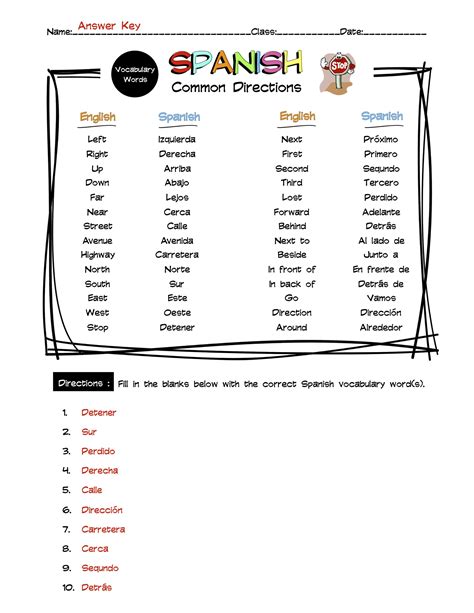 Spanish Common Directions Vocabulary Word List Worksheet & Answer Key ...