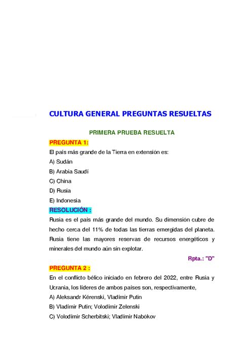 Cultura General - CULTURA GENERAL PREGUNTAS RESUELTAS PRIMERA PRUEBA ...
