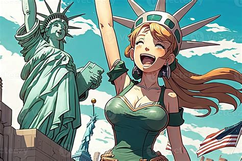 Beautiful anime manga girl in New York City Statue of Liberty ...