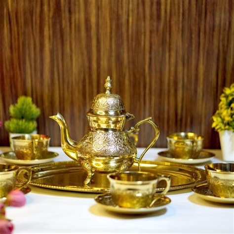 Brass Etched Tea Kettle Set Online | Best 14 Pcs Teapot Set