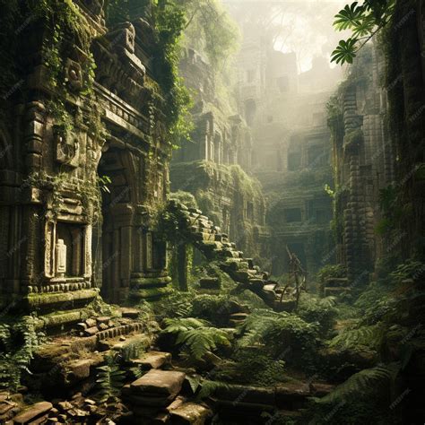 Premium AI Image | Ancient ruins covered in overgrown plant life