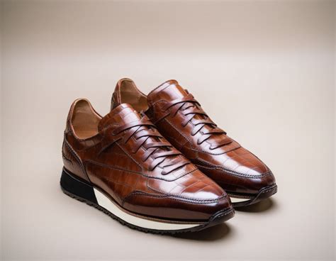 Brown Croc Print Leather Nausori Lace Up Running Sneaker Shoes ...