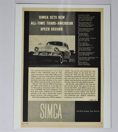 Car Ad 1958 Simca (motor Company Classic Old Photo Advertisement Parts Print Poster Brochure ...