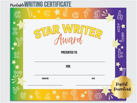 Writing Certificate Printable Template, Star Writer Award of ...