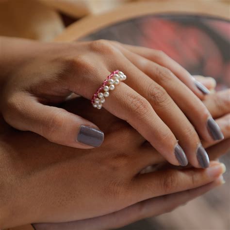 Silver Pearls Ring with Ruby Stones | Handmade 92.5% Silver