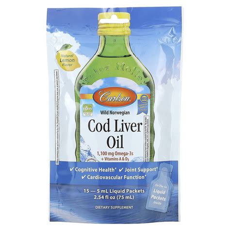 Carlson Wild Norwegian Cod Liver Oil, Natural Lemon Flavor, 15 Packets ...