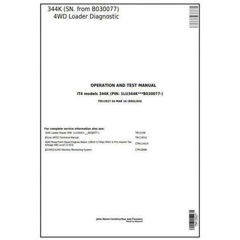 TM12927 John Deere 344K iT4 4WD Loader Pdf Diagnostic, Operation and T ...