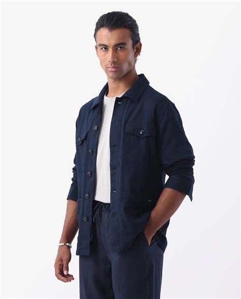 Rare Rabbit Men's Gatter Navy Linen Blend Plain Relaxed Fit Full Sleev