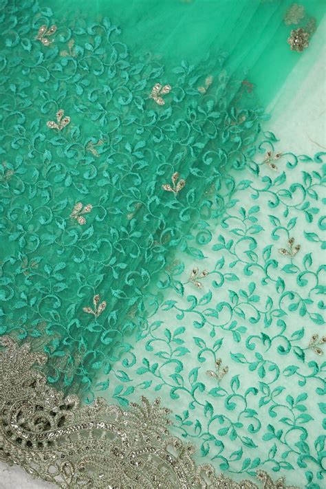 Big Width''56'' Mint Green Thread With Zari Leafy Embroidery Work On M