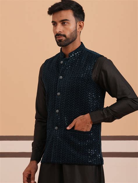 Men’s Velvet Sequin Work Nehru Jacket – Jompers