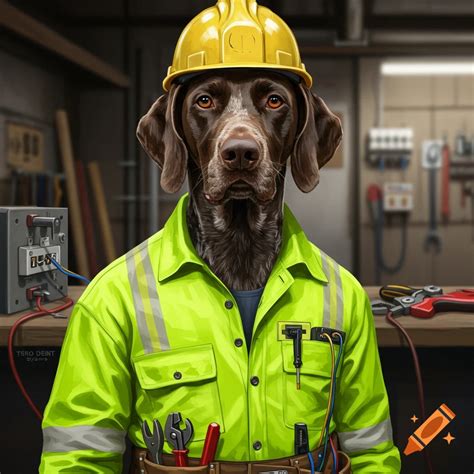A German Shorthaired Pointer dog wears a yellow hard hat and an ...