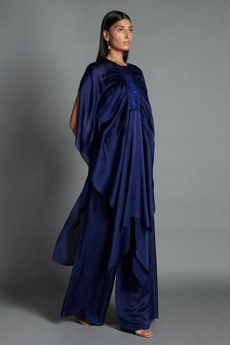 Buy Blue Crinkled Chiffon Round Asymmetric Draped Tunic For Women by ...