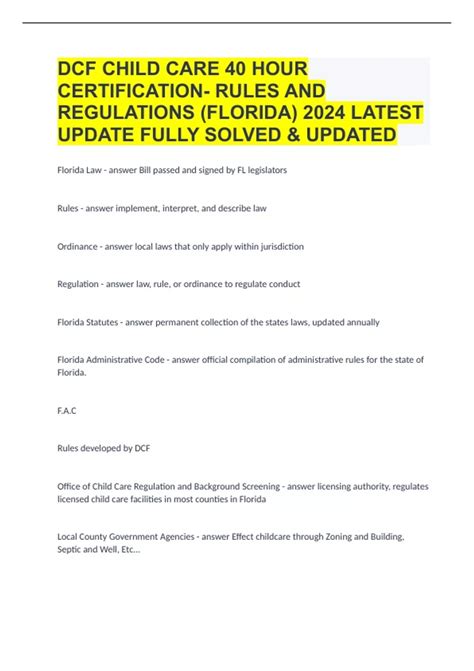 DCF CHILD CARE 40 HOUR CERTIFICATION- RULES AND REGULATIONS (FLORIDA ...