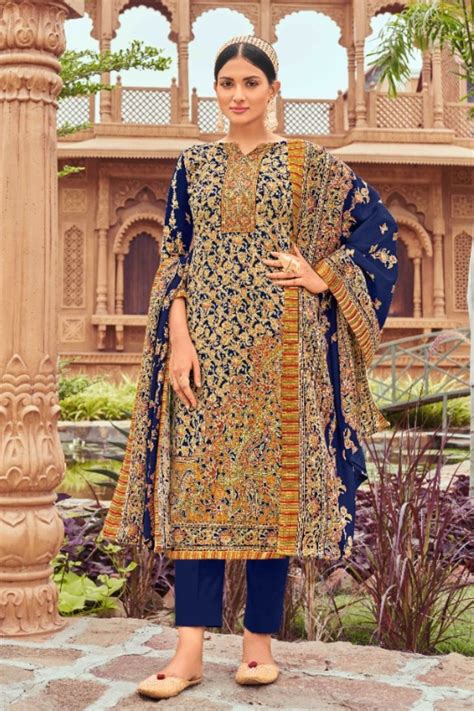 Royal blue colour printed woolen unstitched suit fabric with stole