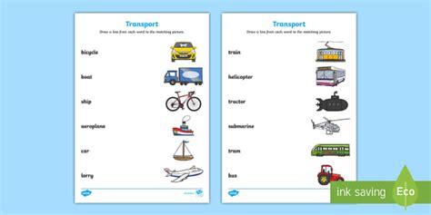 Transport Word and Picture Matching Worksheet
