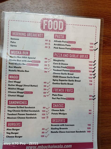 Menu at MBA ChaiWala, Gorakhpur