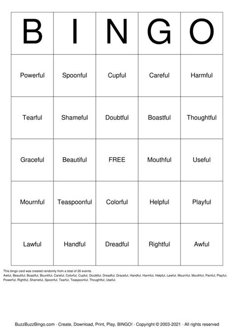 Words Ending in ful Bingo Cards to Download, Print and Customize!