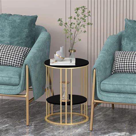 Metal Wood Side Table Coffee Table Marble Finish Wooden Table Top Round ...