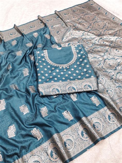 Super Extravagant Firozi Soft Banarasi Silk Saree With Girlish Blouse ...