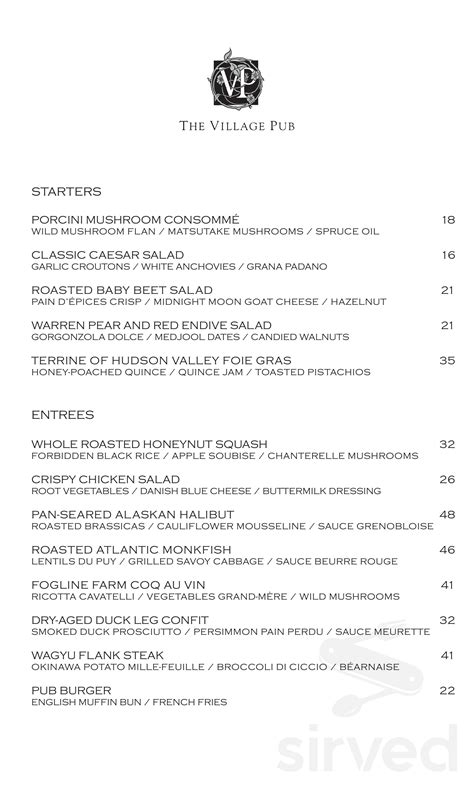 The Village Pub menu in Woodside, California, USA