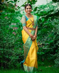 Buy SILK SAREE HUB Printed Kanjivaram Jacquard, Pure Silk Yellow Sarees ...