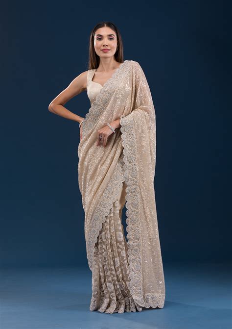 Buy Beige Sequins Net Saree - Koskii