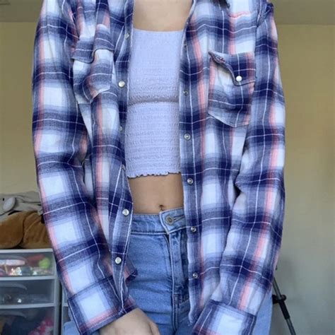 Hollister Co. Women's Pink and Blue Shirt | Depop