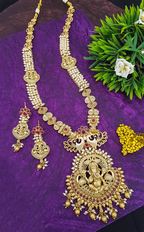 Premium Gold Plated Temple Design Long Hara Necklace Set 17500N – Griiham
