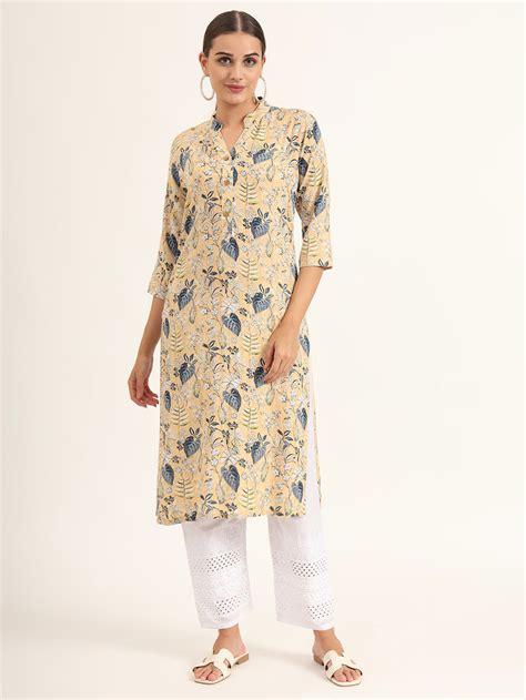 Divena Yellow Floral Print Rayon Straight Kurta – divena world