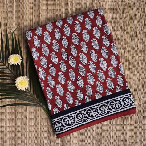 Red Block Print Mulmul Saree with Small Motifs — TVAMI