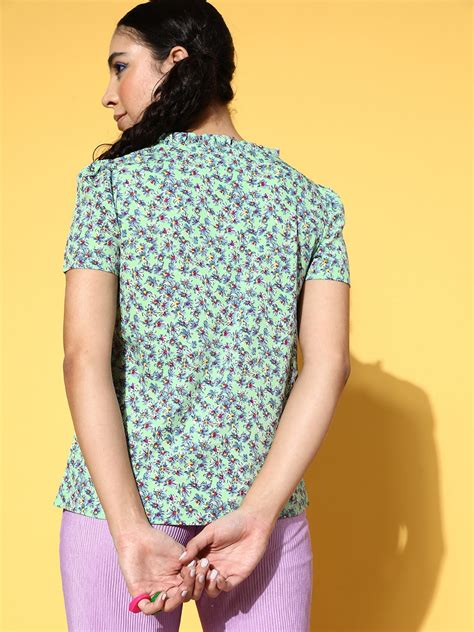 Women Green & Blue Floral Printed V-Neck Puff Sleeve Woven Regular Top ...