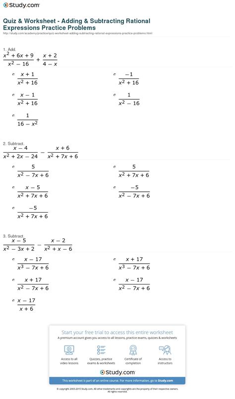 avulsion: Adding And Subtracting Rational Expressions Worksheet