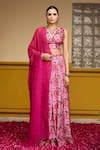 Buy Pink Muslin, Organza Embroidery V-neck Floral Print Blouse Lehenga ...