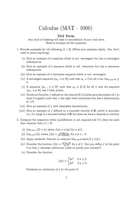Calculus Midterm Exam (MAT - 1000): Key Questions & Examples - Studocu