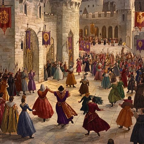 A medieval dance festival with people in period attire dancing in a ...