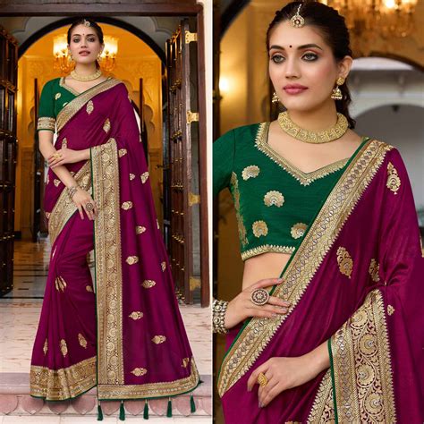 Purple Embroidered Vichitra Silk Saree With With Tassels