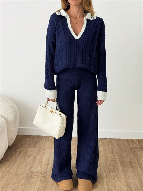 SHEIN Navy Blue Ribbed Knit Set High-Waisted Pants And A Long-Sleeve ...
