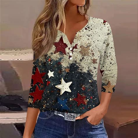 4th Of July Women's Shirts Red Blue and White Tie Dye 3/4 Sleeve Blouse ...