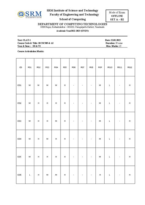 SET A SET B -Batch 2 CT1 Answer KEY - SRM Institute of Science and ...