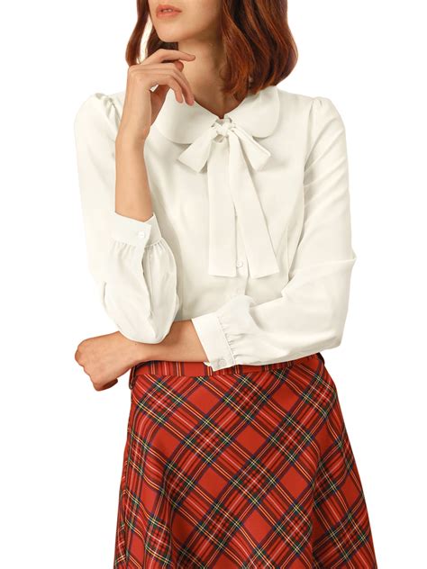 Allegra K Women's Button Down Shirt Peter Pan Collar Tie Neck Workwear ...