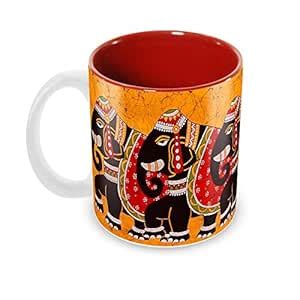 Buy Tuelip Beautiful Decorated Elephant Printed Inner Red Ceramic Mug ...