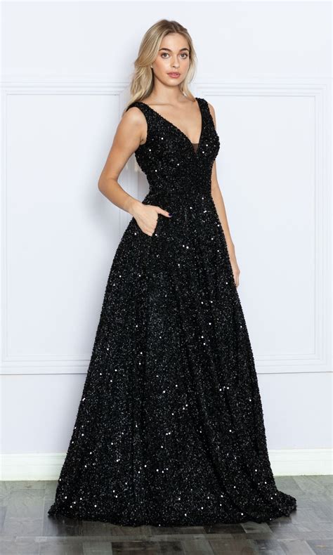 Long Black Sequin Prom Dress with Pockets - PromGirl