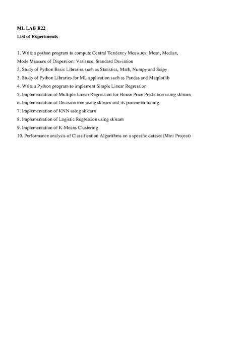 Ml lab final R22 - ......... - ML LAB R List of Experiments Write a ...