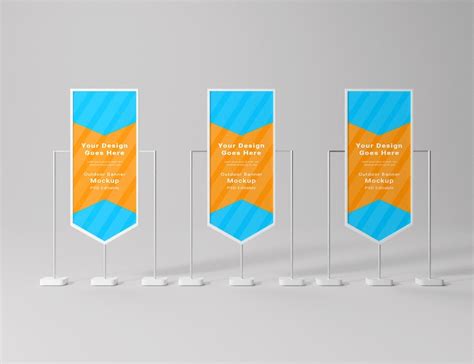 Three vertical flag banners on display stands for promotional purposes ...