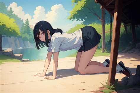 Anime girl bending down on the ground in front of a lake - SeaArt AI