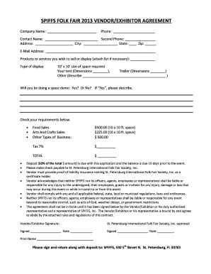 Fillable Online SPIFFS FOLK FAIR 2010 VENDOR/EXHIBItOR AGREEMENT Fax ...