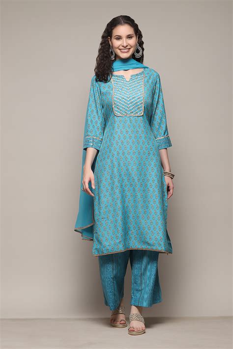 Turquoise Poly Musin Straight Printed Kurta Palazzo Suit Set at Biba India