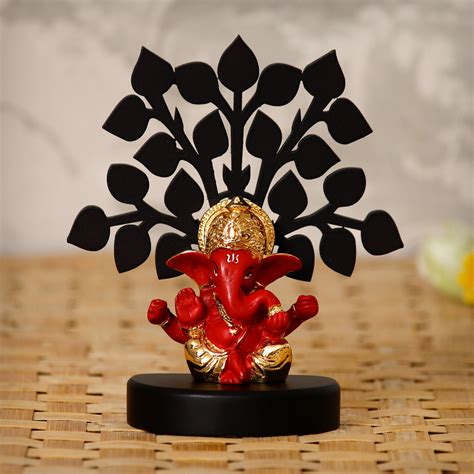 Gold Plated Red Mukut Ganesha Decorative Showpiece with Wooden Tree for ...